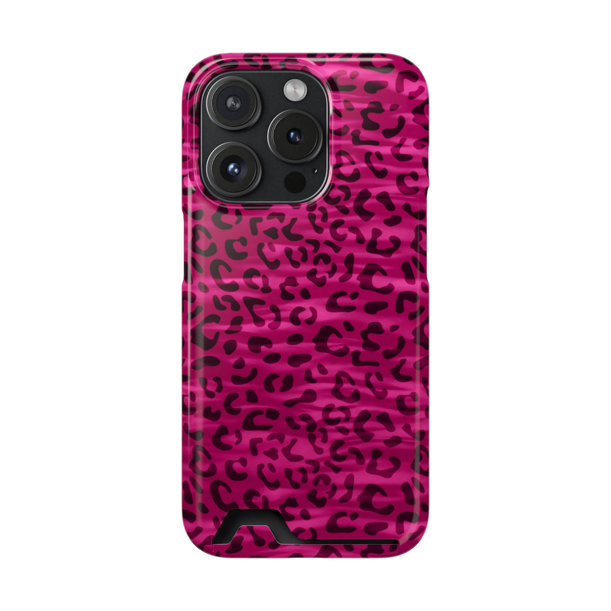 Hot Pink Leopard phone case with card holder for iPhone 15 Pro, glossy finish