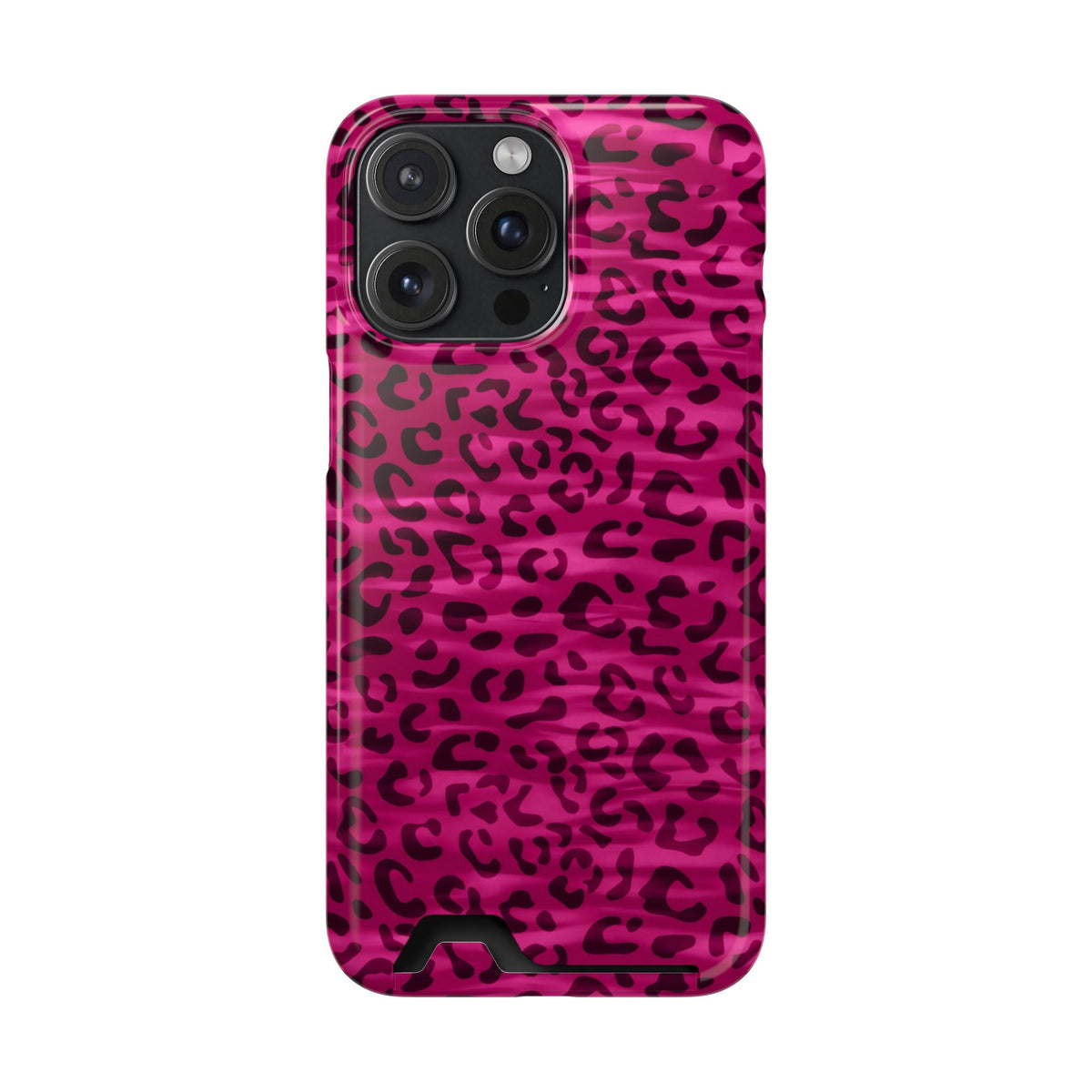 Hot Pink Leopard phone case with card holder for iPhone 15 Pro Max, glossy finish