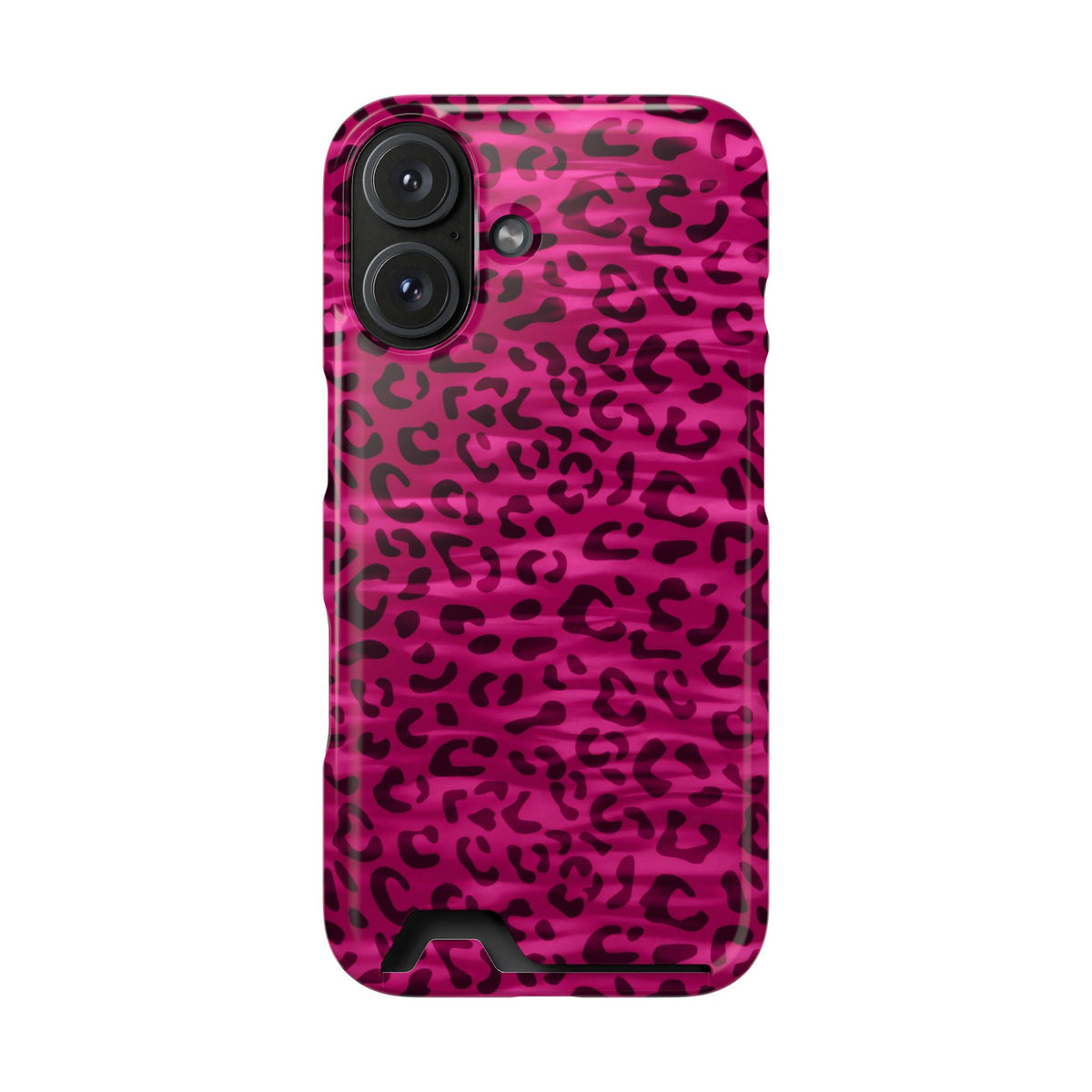 Hot Pink Leopard phone case with card holder for iPhone 16, glossy finish