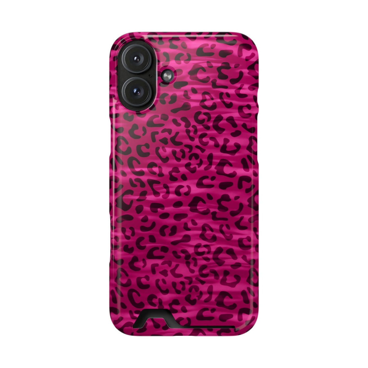 Hot Pink Leopard phone case with card holder for iPhone 16 Plus, glossy finish