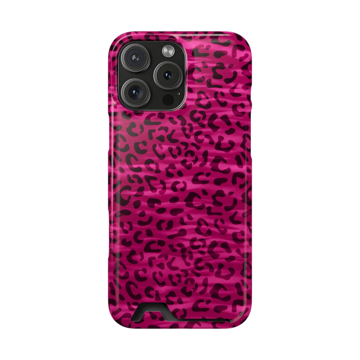 Hot Pink Leopard phone case with card holder for iPhone 16 Pro Max, glossy finish