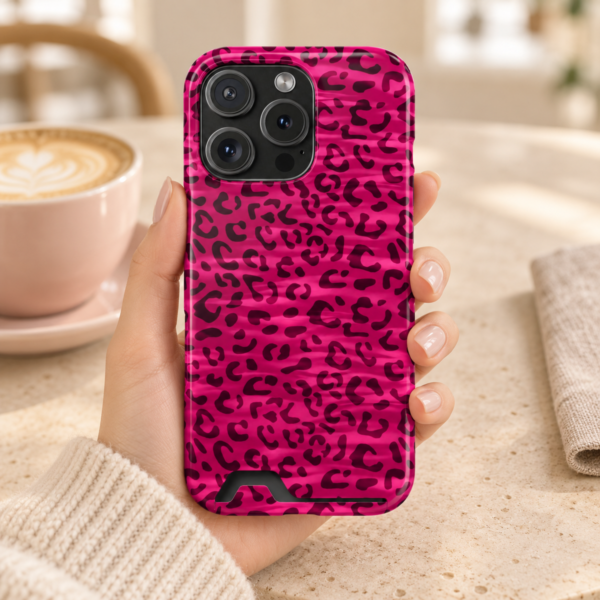 Hot Pink Leopard phone case with card holder, hot pink leopard print, lifestyle photo in hand with coffee