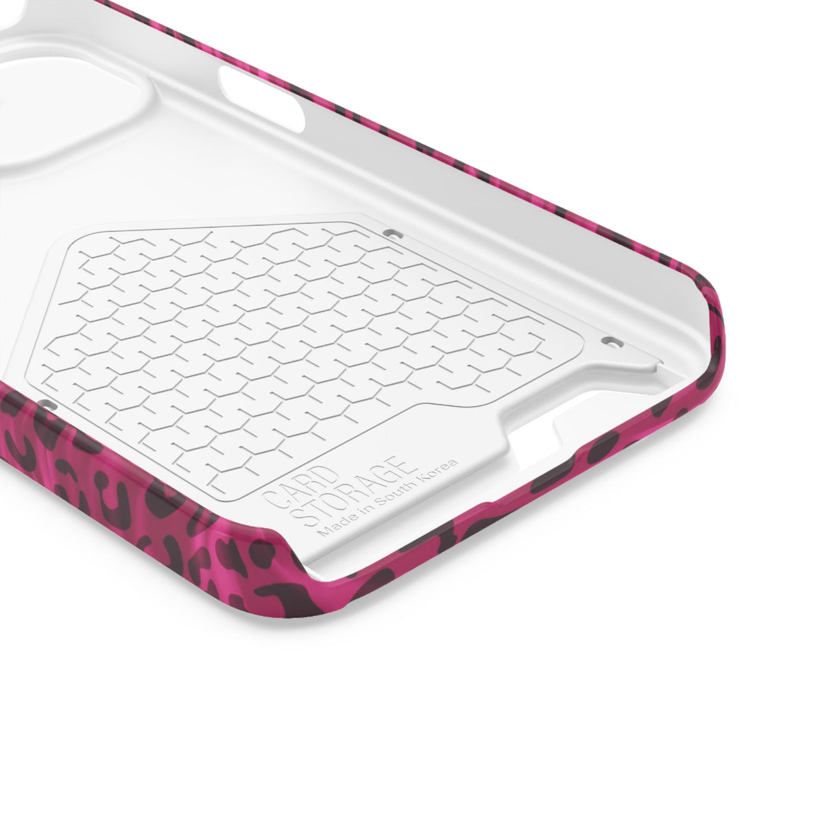 Hot Pink Leopard phone case with card holder for iPhone 13, glossy finish