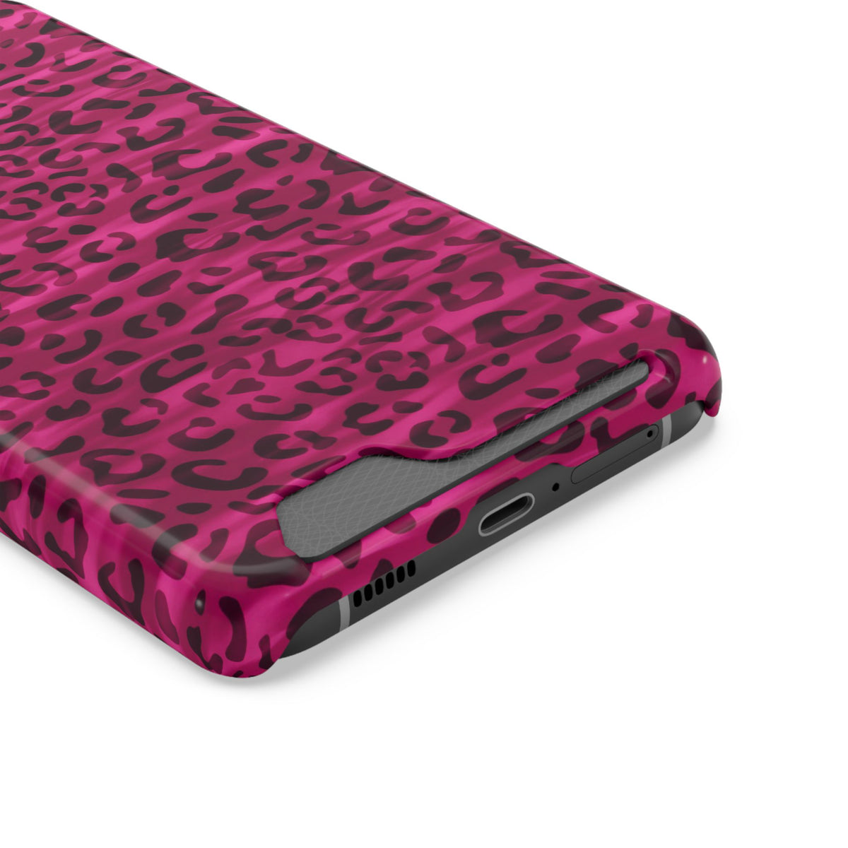 Hot Pink Leopard phone case with card holder, close-up of the card slot