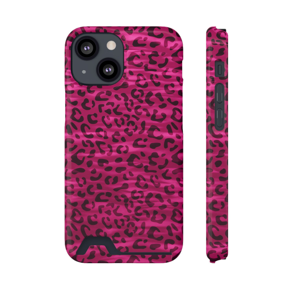Hot Pink Leopard phone case with card holder for iPhone 13 Mini, glossy finish