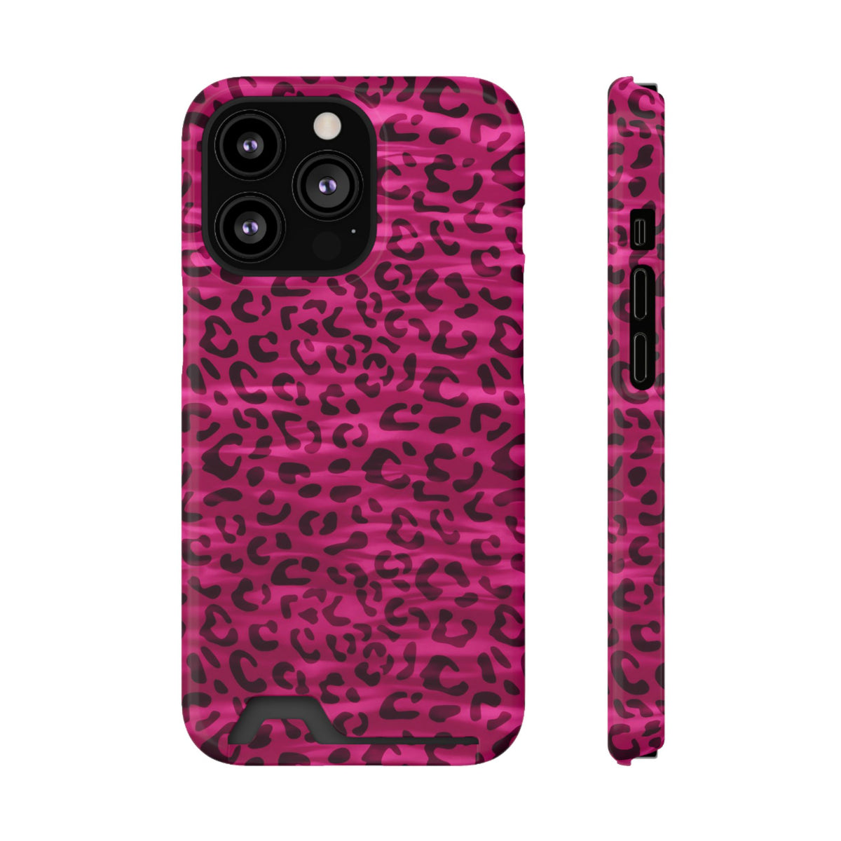 Hot Pink Leopard phone case with card holder for iPhone 13 Pro, glossy finish