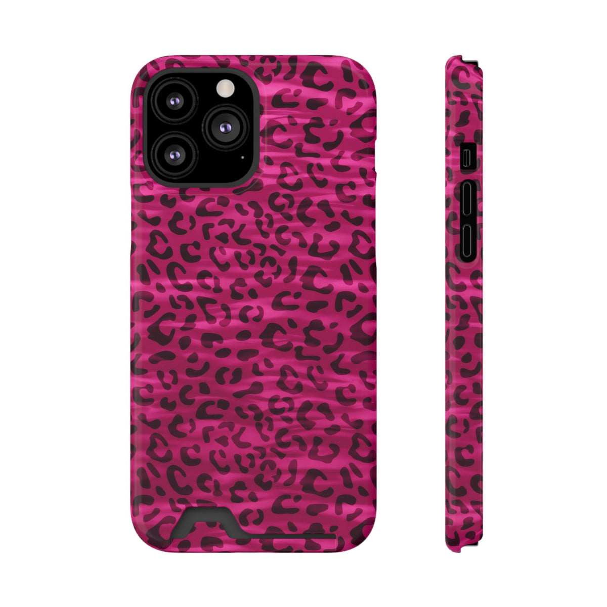 Hot Pink Leopard phone case with card holder for iPhone 13 Pro Max, glossy finish