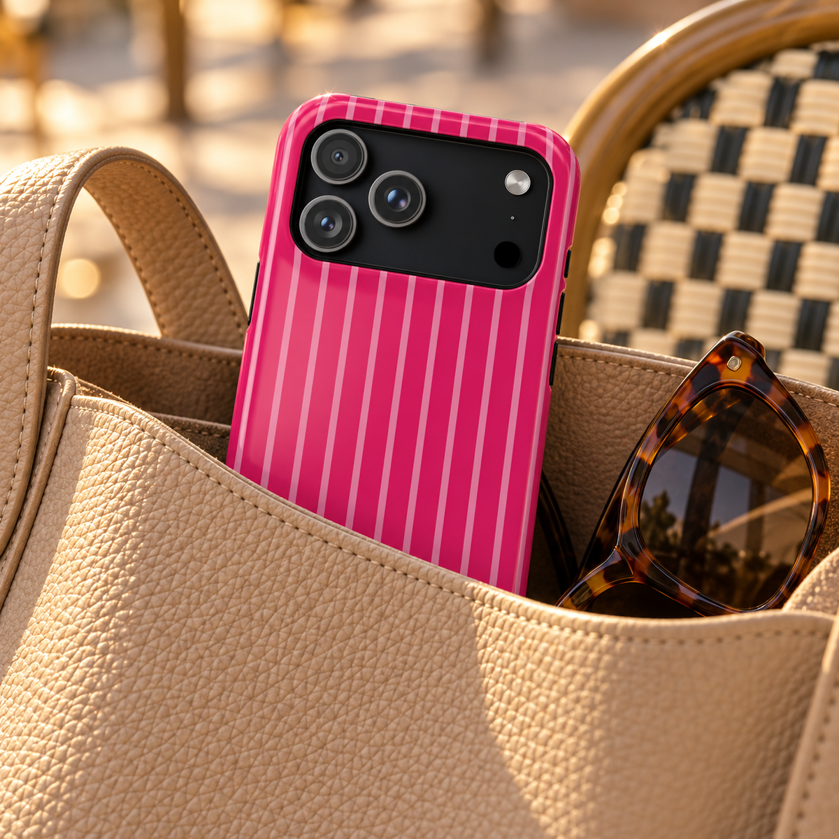 Hot Pink Stripe protective phone case, hot pink pinstripes, lifestyle photo in a handbag