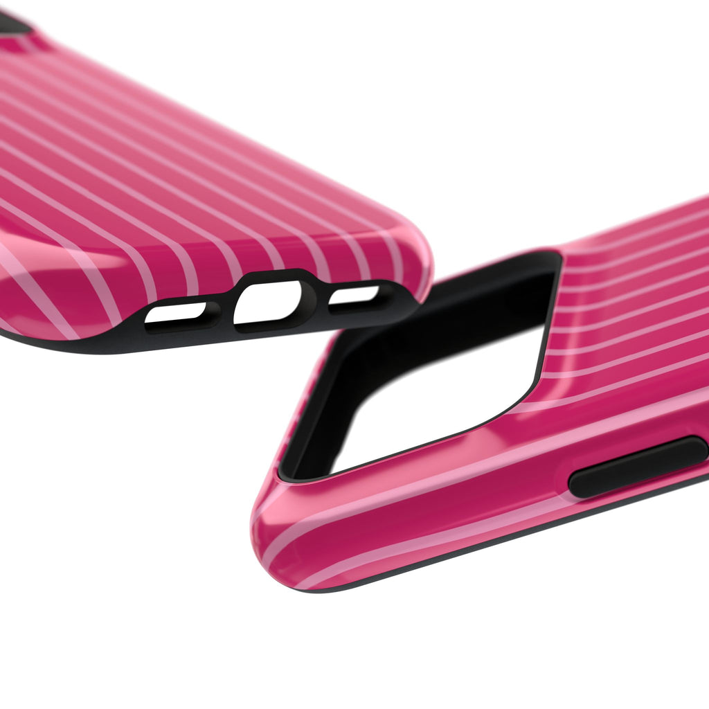 Hot Pink Stripe protective phone case, close-up at an angle