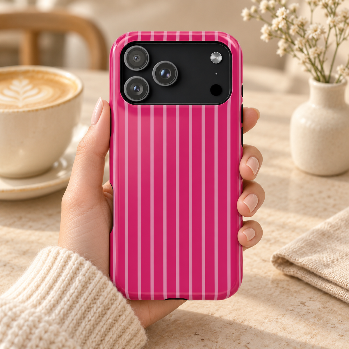 Hot Pink Stripe MagSafe case, hot pink pinstripes, lifestyle photo in hand with coffee