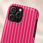 Hot Pink Stripe MagSafe case, hot pink pinstripes, lifestyle close-up of the camera