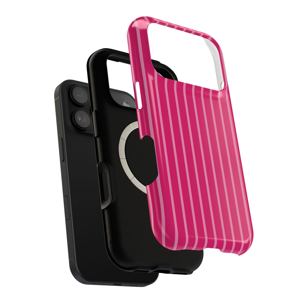Hot Pink Stripe MagSafe case, close-up of the dual-layer construction
