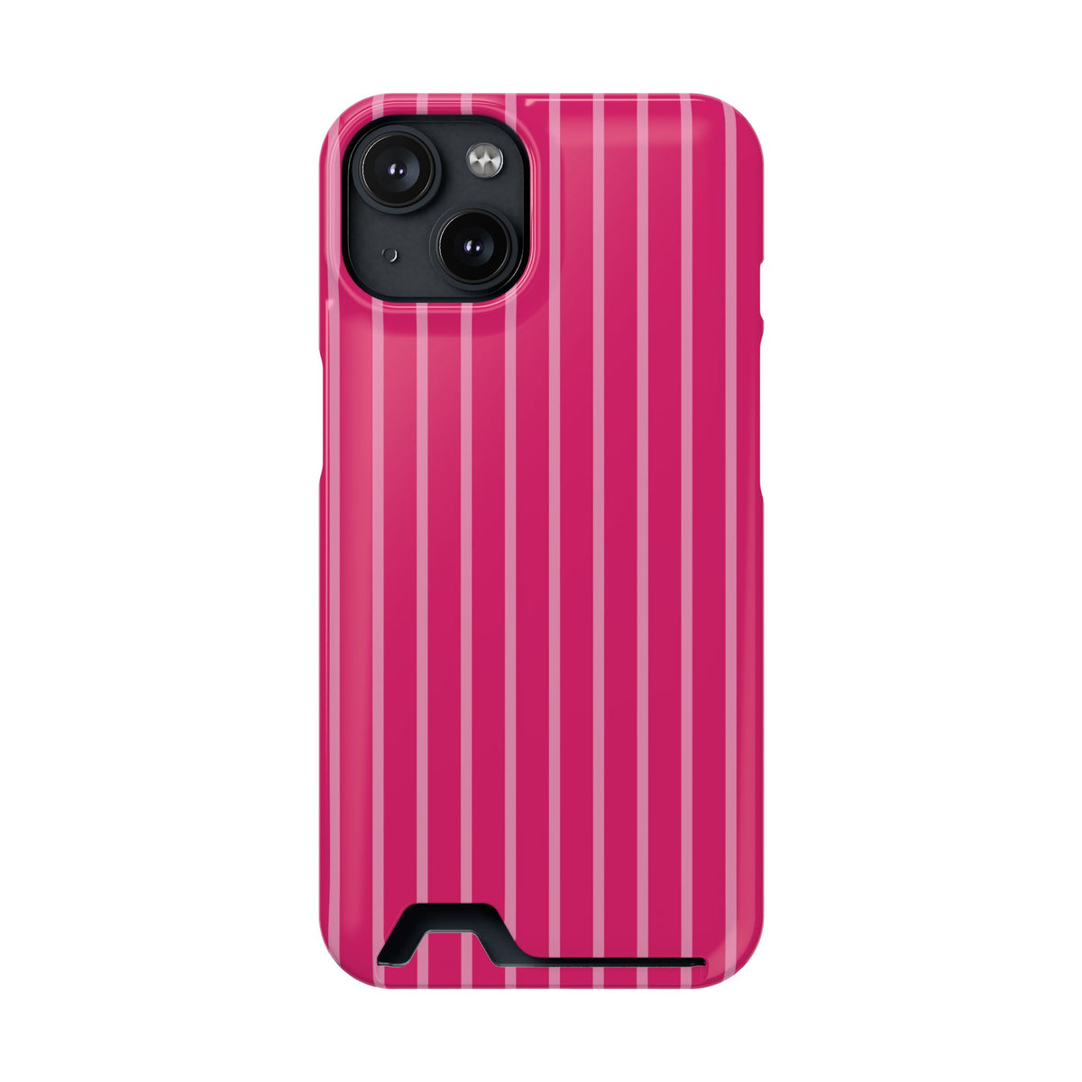 Hot Pink Stripe phone case with card holder for iPhone 14, glossy finish