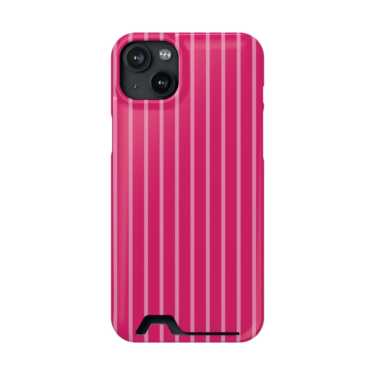 Hot Pink Stripe phone case with card holder for iPhone 14 Plus, glossy finish
