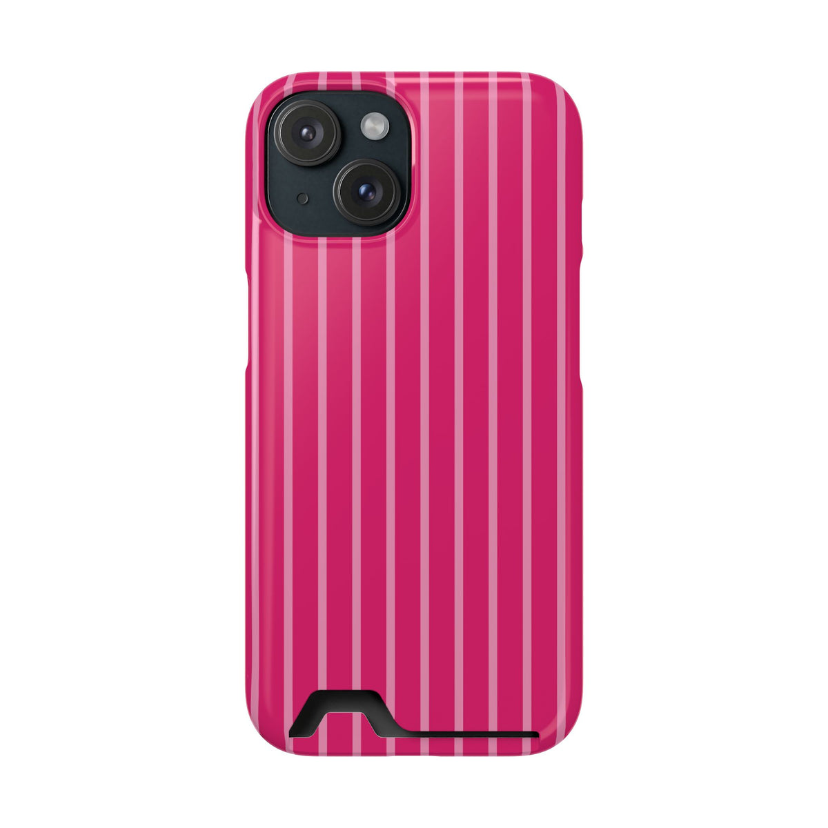Hot Pink Stripe phone case with card holder for iPhone 15, glossy finish