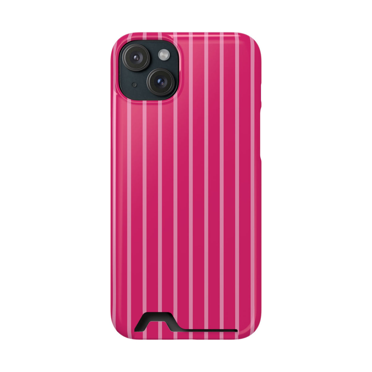 Hot Pink Stripe phone case with card holder for iPhone 15 Plus, glossy finish