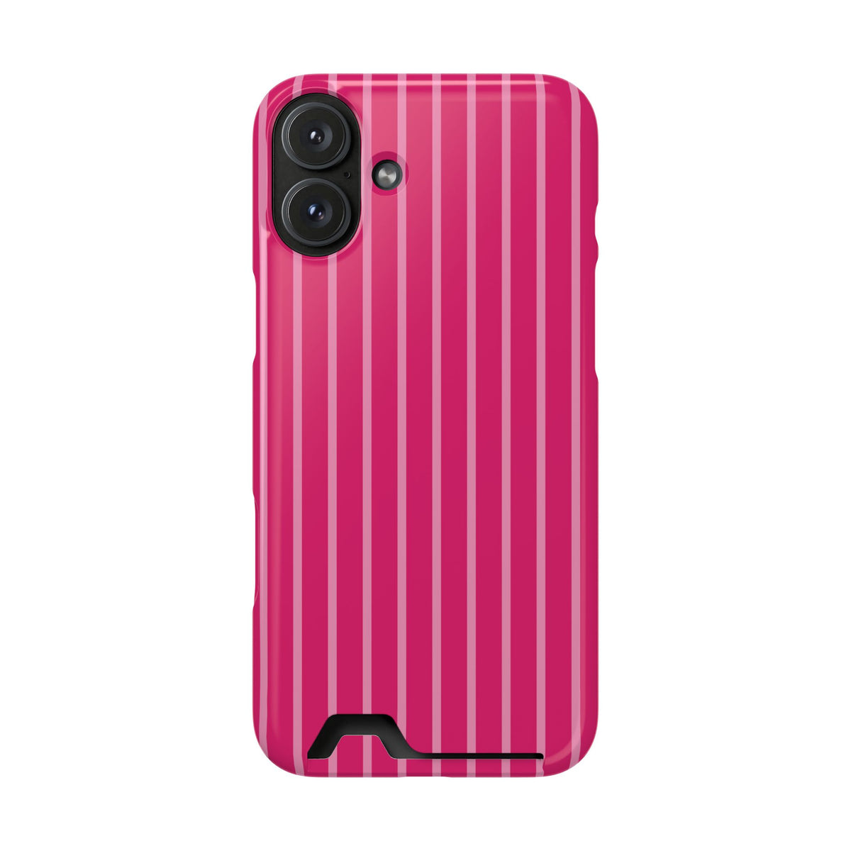 Hot Pink Stripe phone case with card holder for iPhone 16 Plus, glossy finish