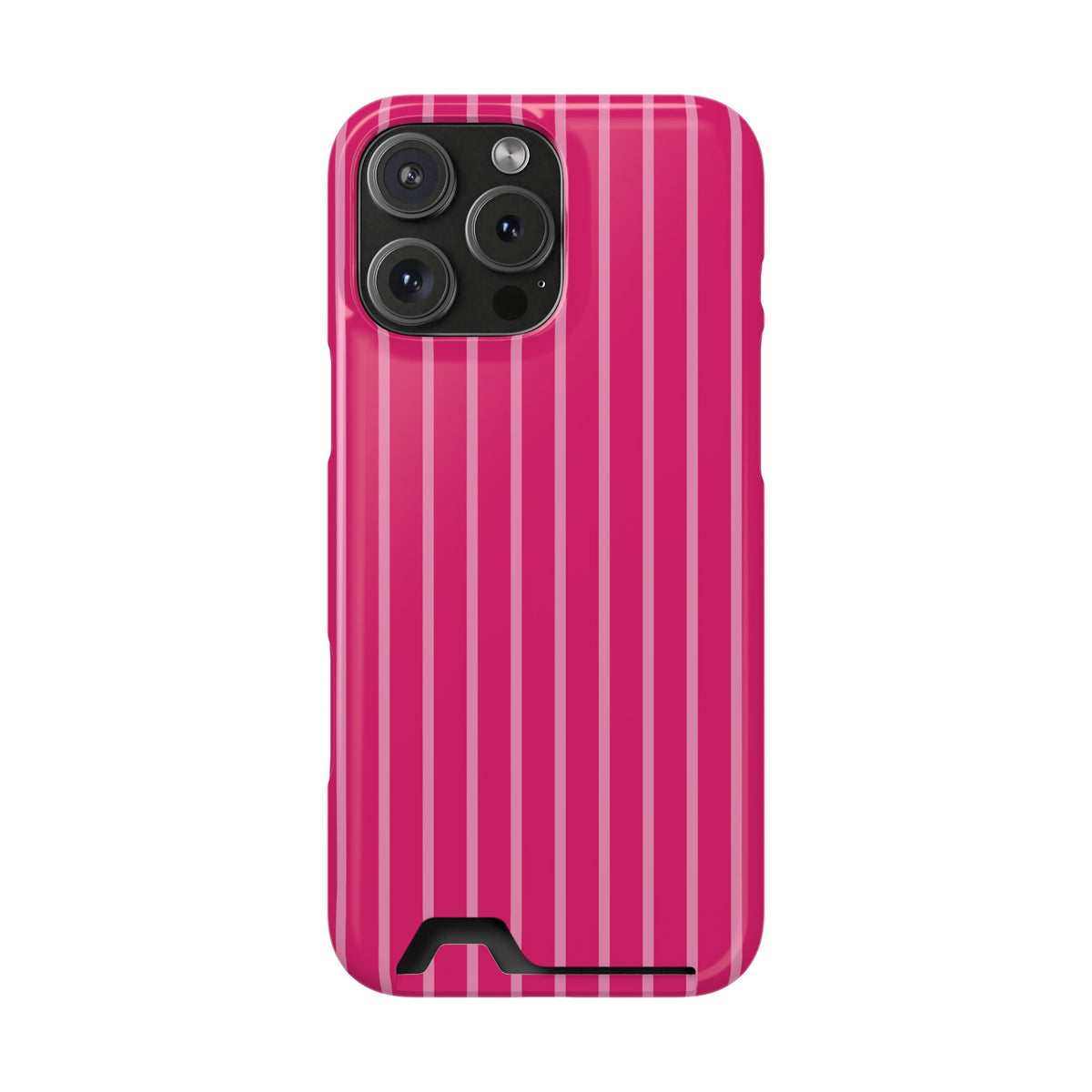 Hot Pink Stripe phone case with card holder for iPhone 16 Pro Max, glossy finish