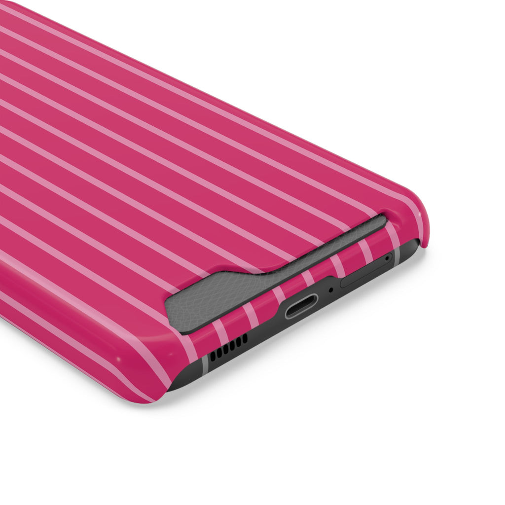 Hot Pink Stripe phone case with card holder, close-up of the card slot