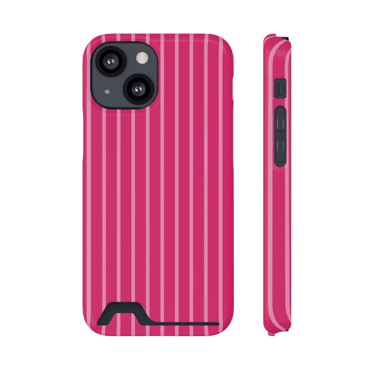 Hot Pink Stripe phone case with card holder for iPhone 13 Mini, glossy finish