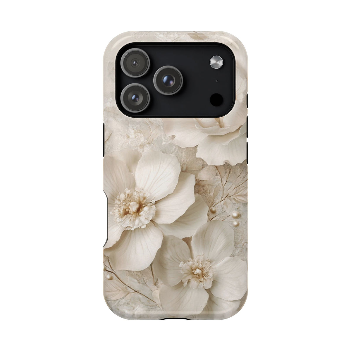 Ivory Blossom protective phone case for iPhone 18 Pro, glossy finish