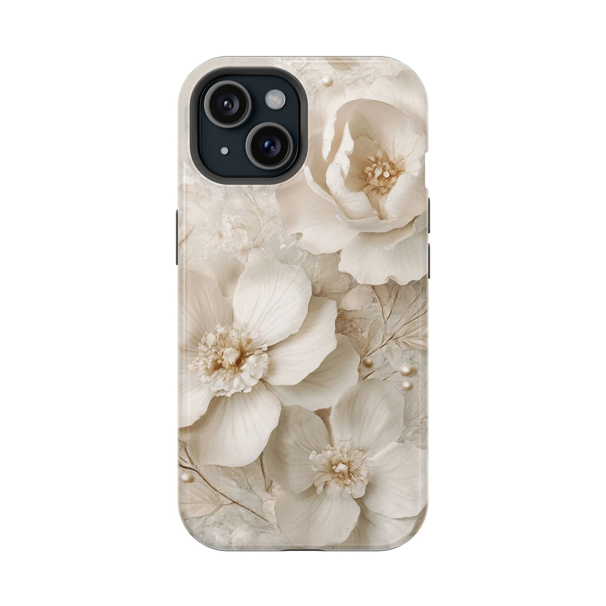 Ivory Blossom protective phone case for iPhone 15, glossy finish