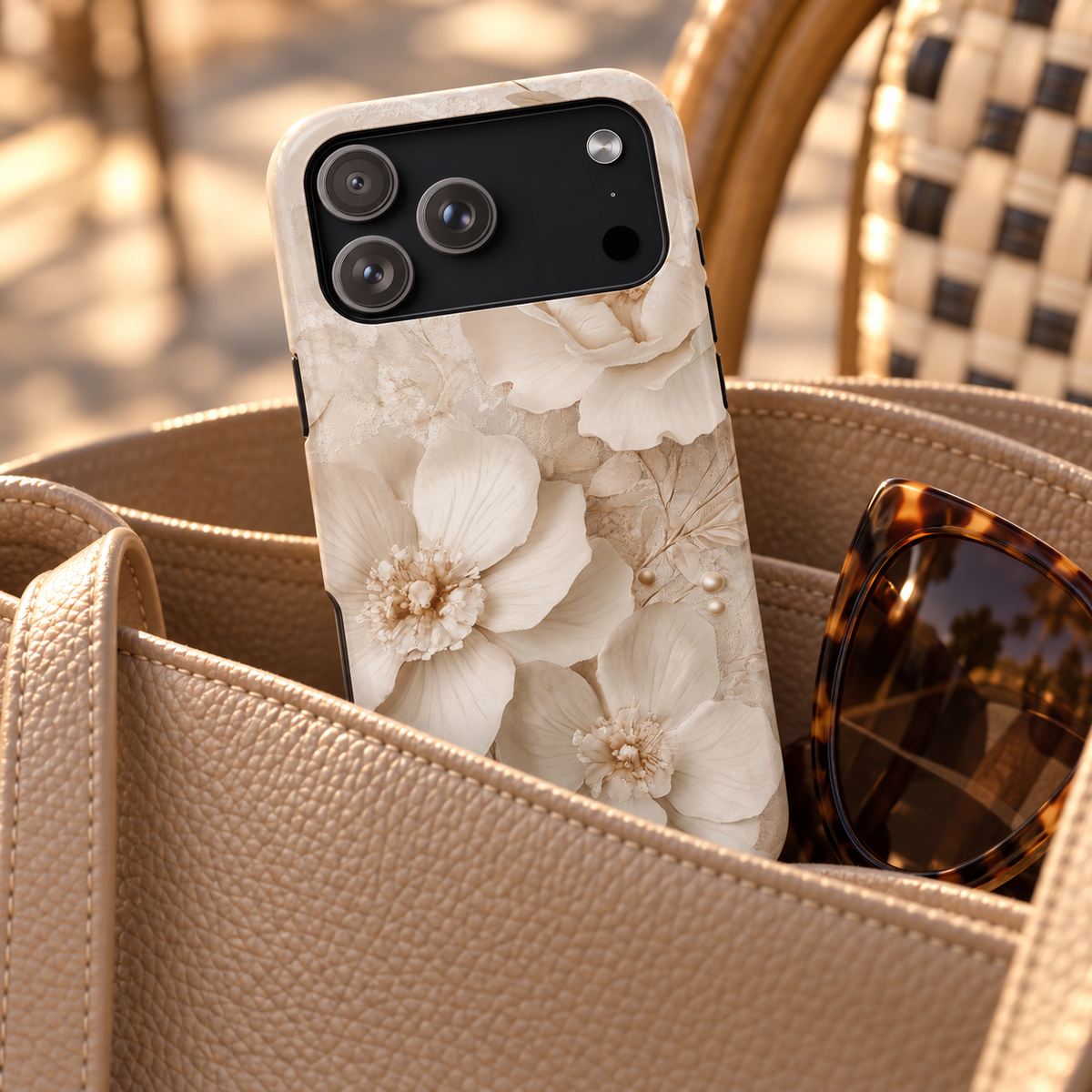 Ivory Blossom protective phone case, ivory blossoms with pearl centers, lifestyle photo in a handbag