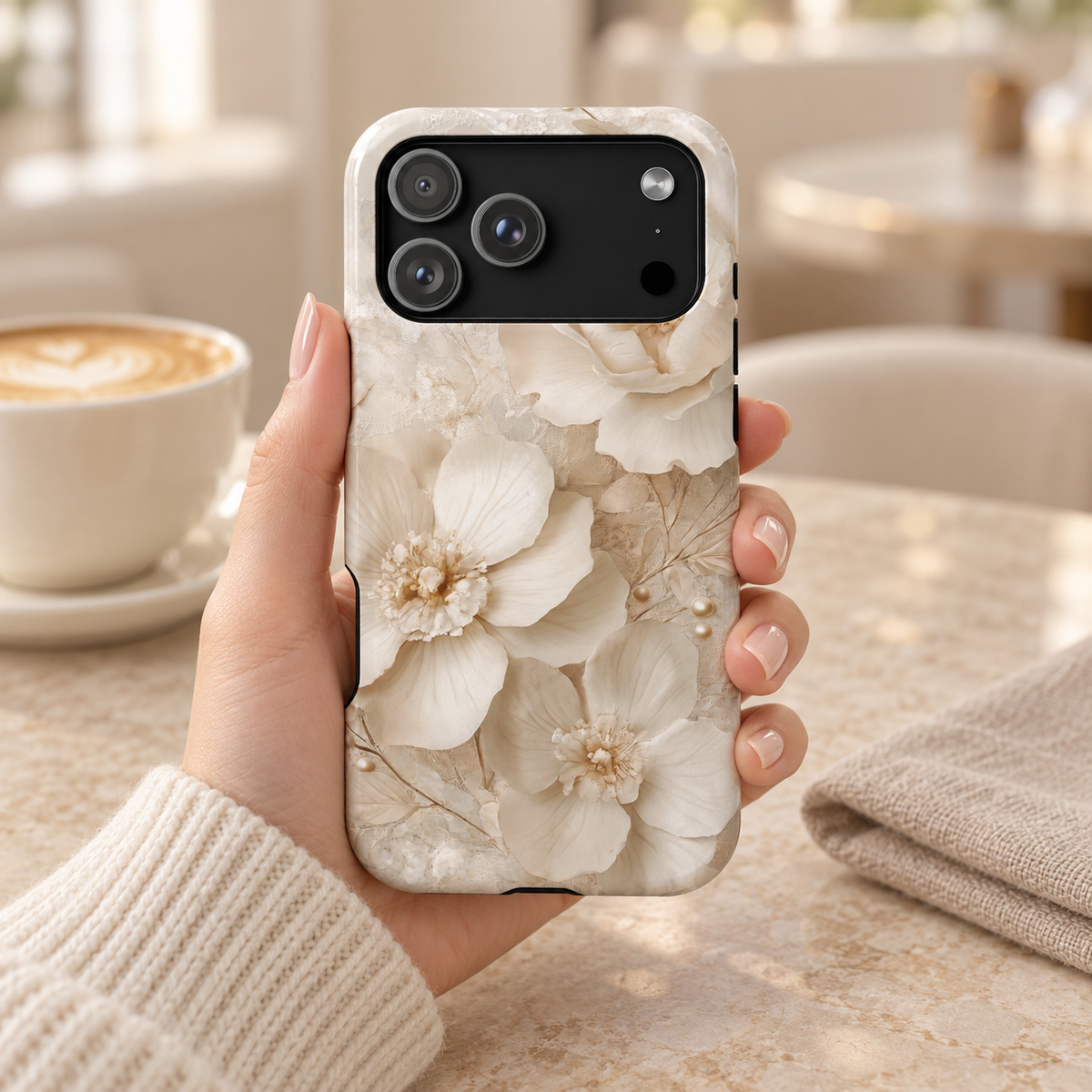 Ivory Blossom MagSafe case, ivory blossoms with pearl centers, lifestyle photo in hand with coffee