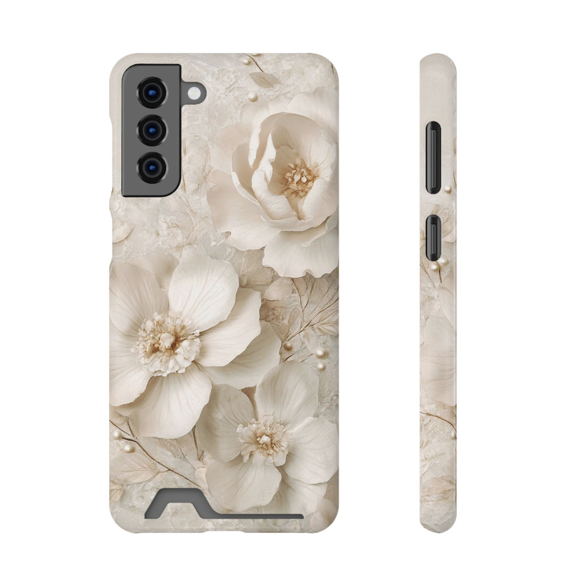 Ivory Blossom phone case with card holder for Samsung Galaxy S21 Plus, glossy finish