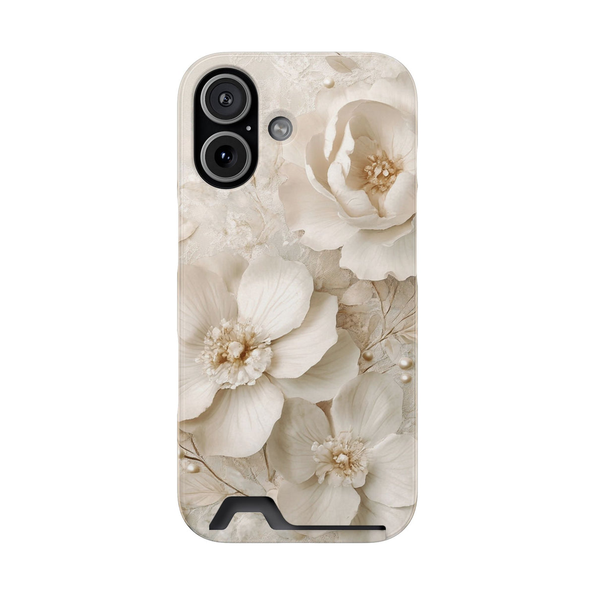 Ivory Blossom phone case with card holder for iPhone 17, glossy finish