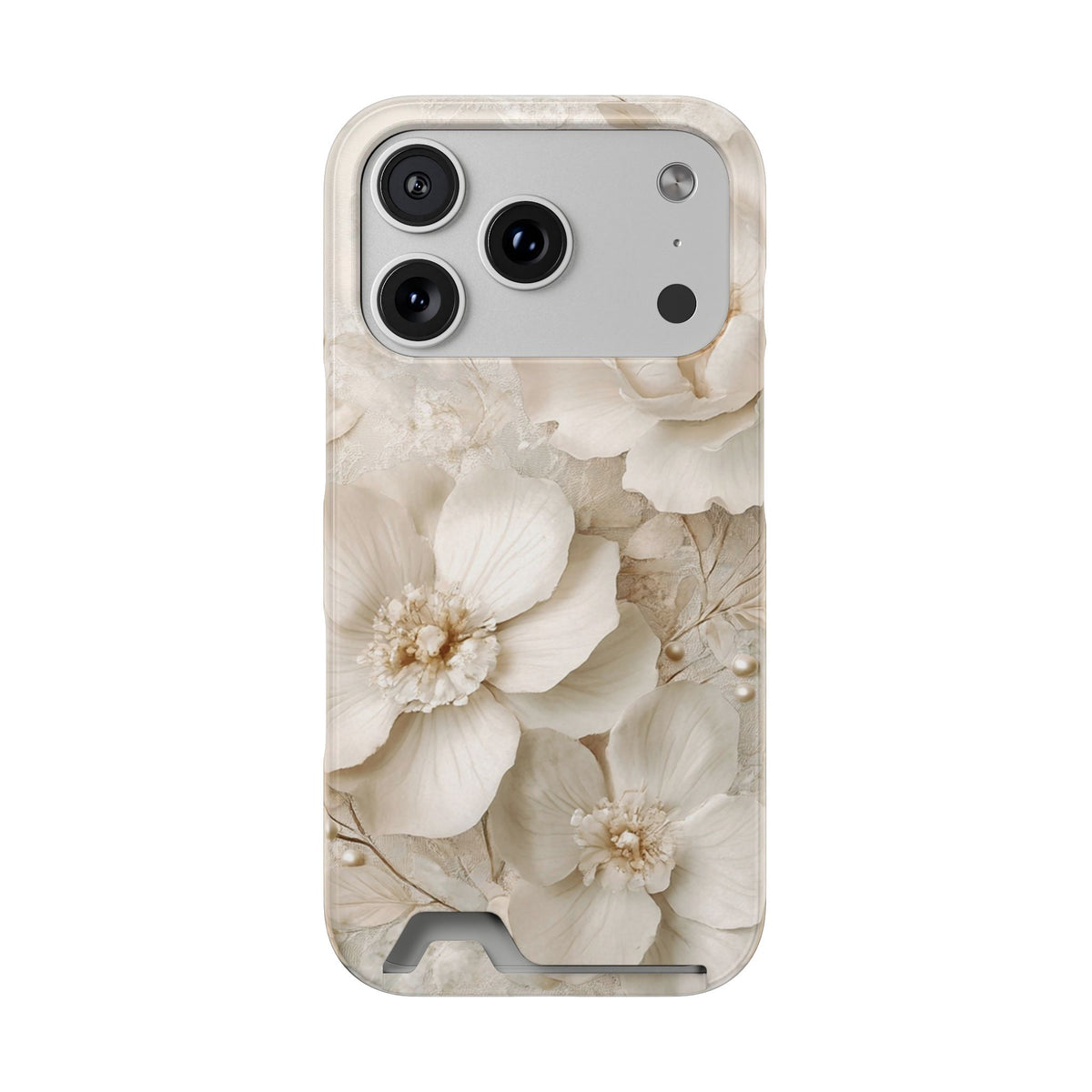 Ivory Blossom phone case with card holder for iPhone 17 Pro, glossy finish