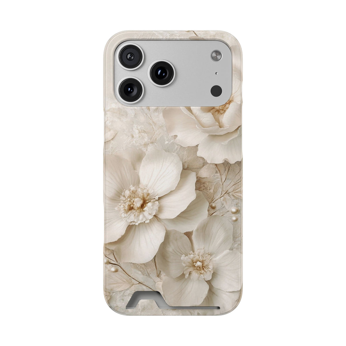 Ivory Blossom phone case with card holder for iPhone 17 Pro Max, glossy finish