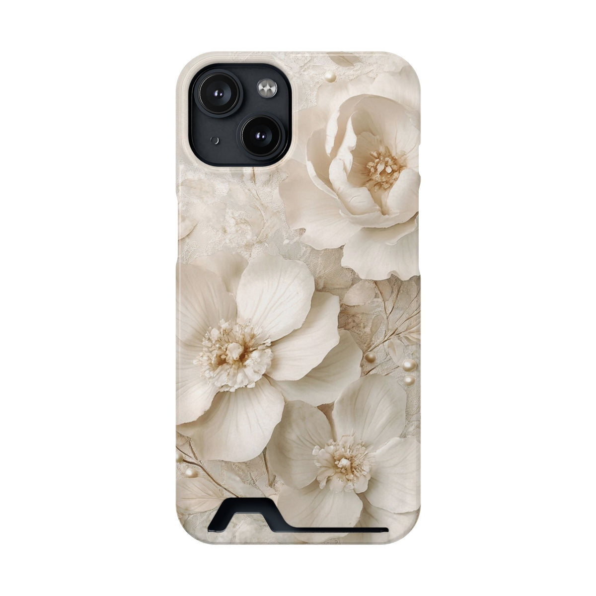 Ivory Blossom phone case with card holder for iPhone 14, glossy finish
