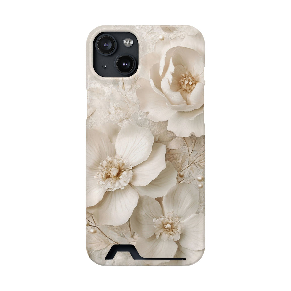 Ivory Blossom phone case with card holder for iPhone 14 Plus, glossy finish