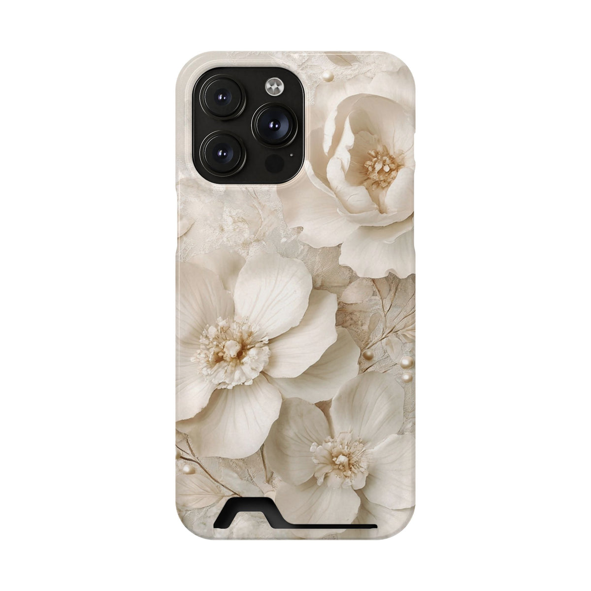 Ivory Blossom phone case with card holder for iPhone 14 Pro Max, glossy finish