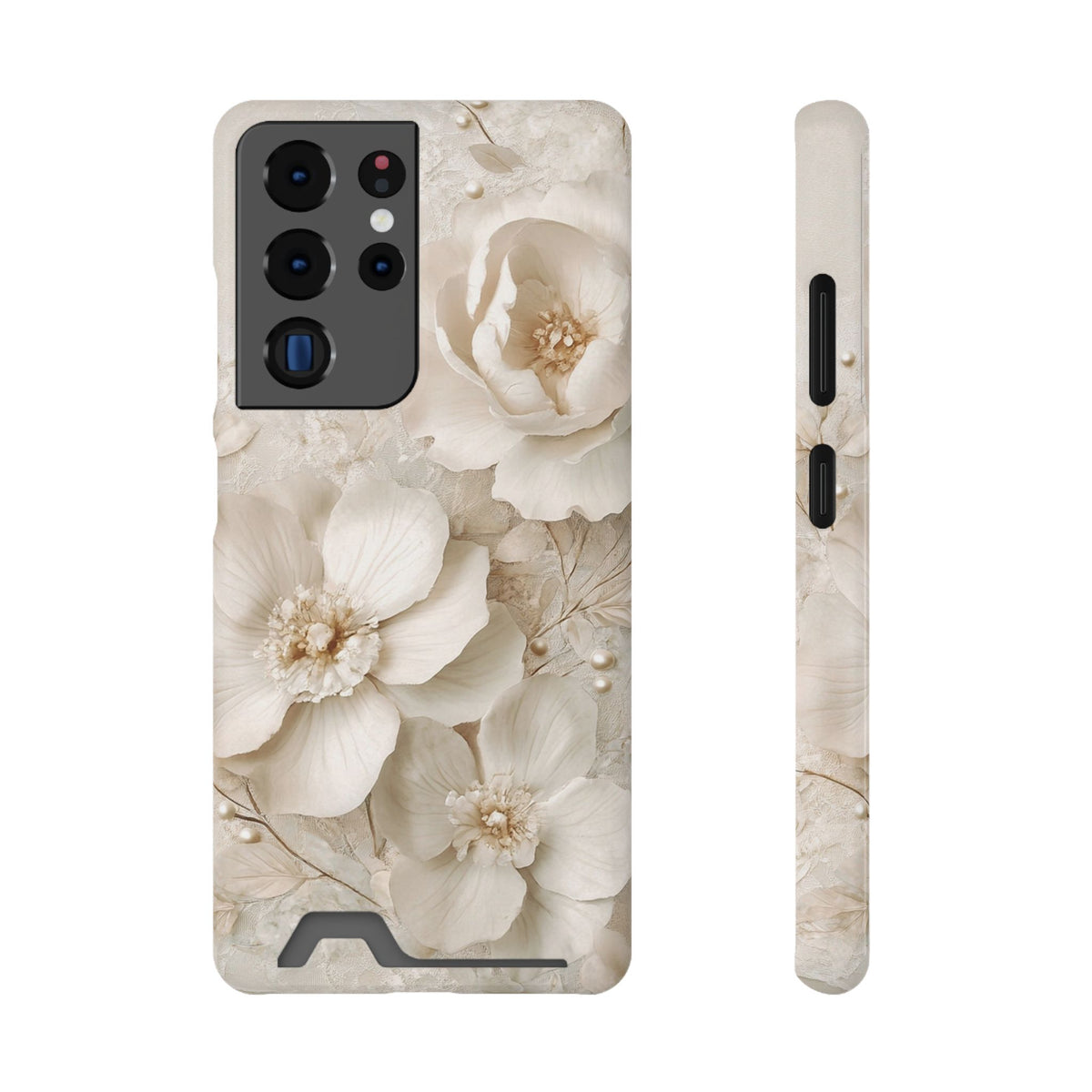 Ivory Blossom phone case with card holder for Samsung Galaxy S22 Plus, glossy finish