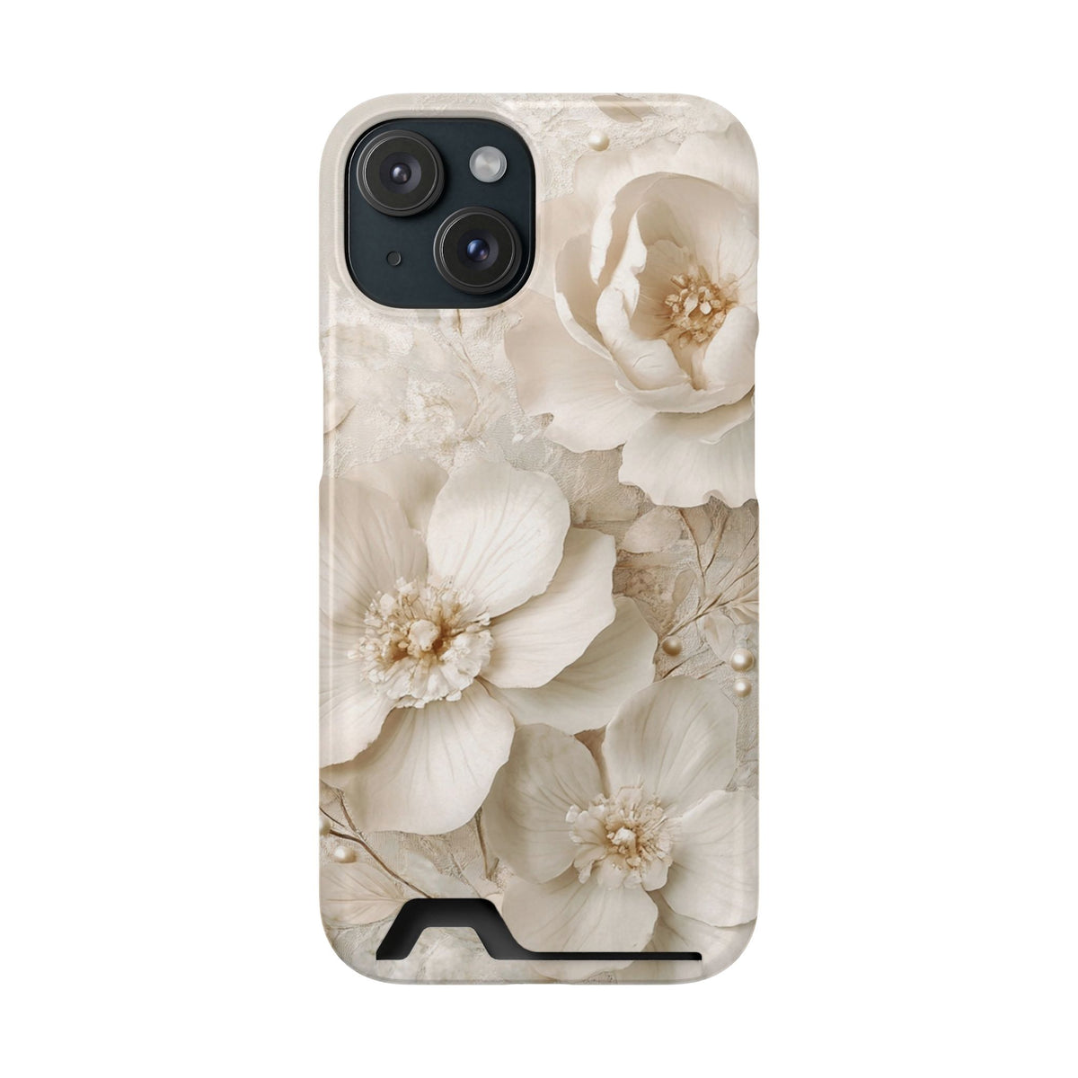 Ivory Blossom phone case with card holder for iPhone 15, glossy finish