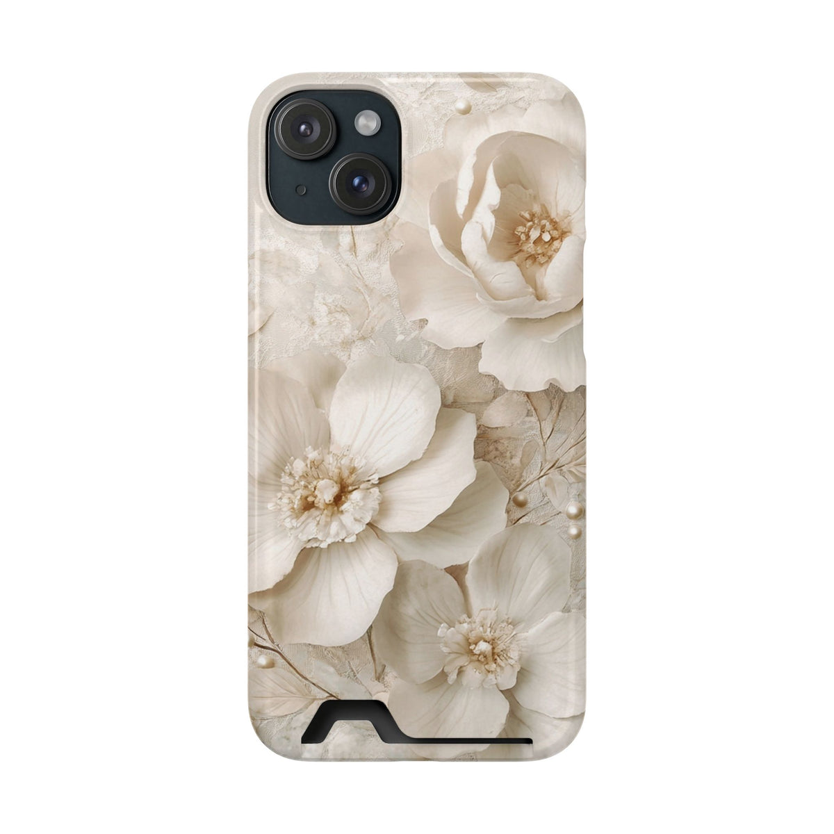 Ivory Blossom phone case with card holder for iPhone 15 Plus, glossy finish