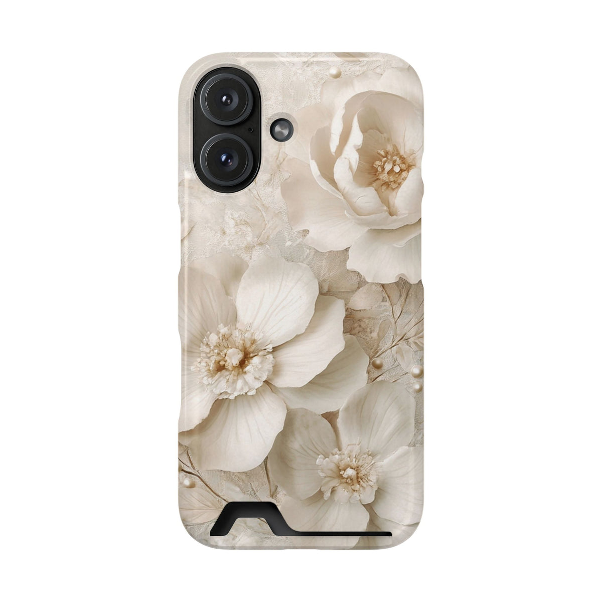 Ivory Blossom phone case with card holder for iPhone 16, glossy finish