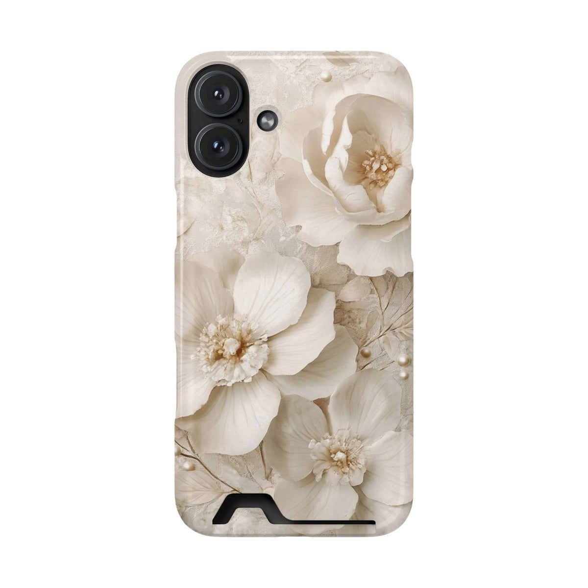 Ivory Blossom phone case with card holder for iPhone 16 Plus, glossy finish