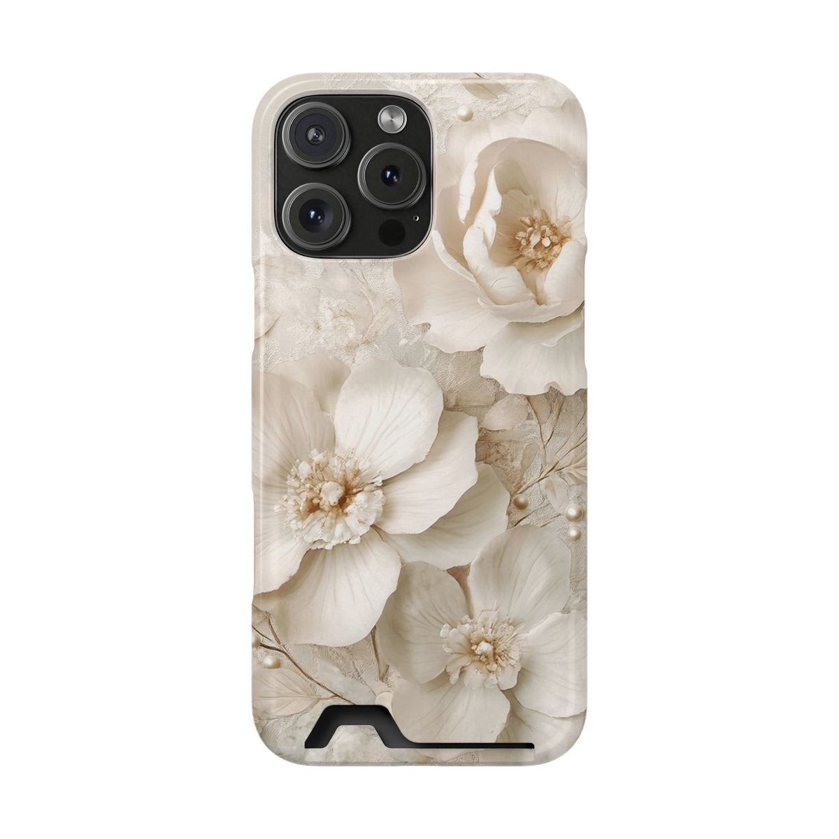 Ivory Blossom phone case with card holder for iPhone 16 Pro Max, glossy finish