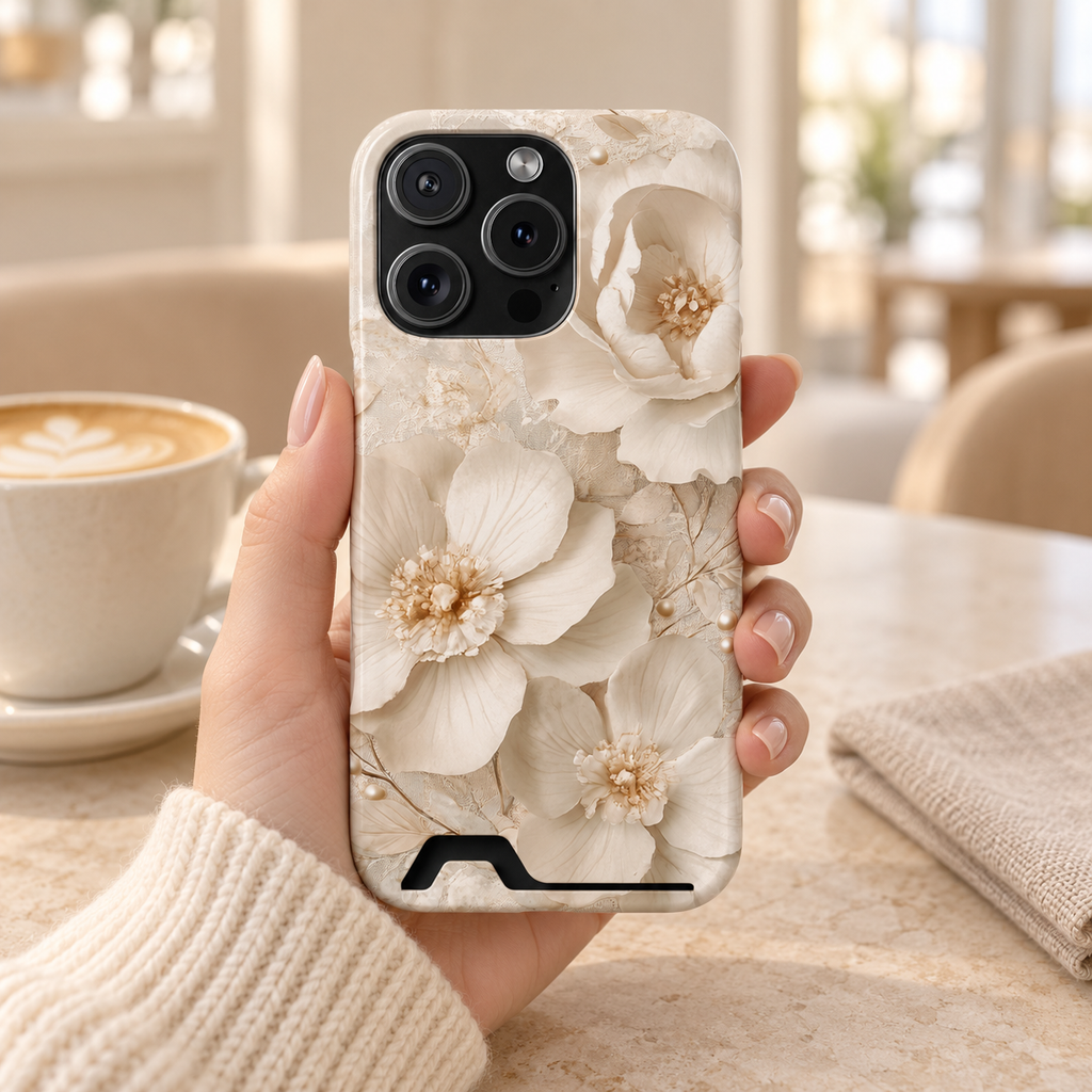 Ivory Blossom phone case with card holder, ivory blossoms with pearl centers, lifestyle photo in hand with coffee