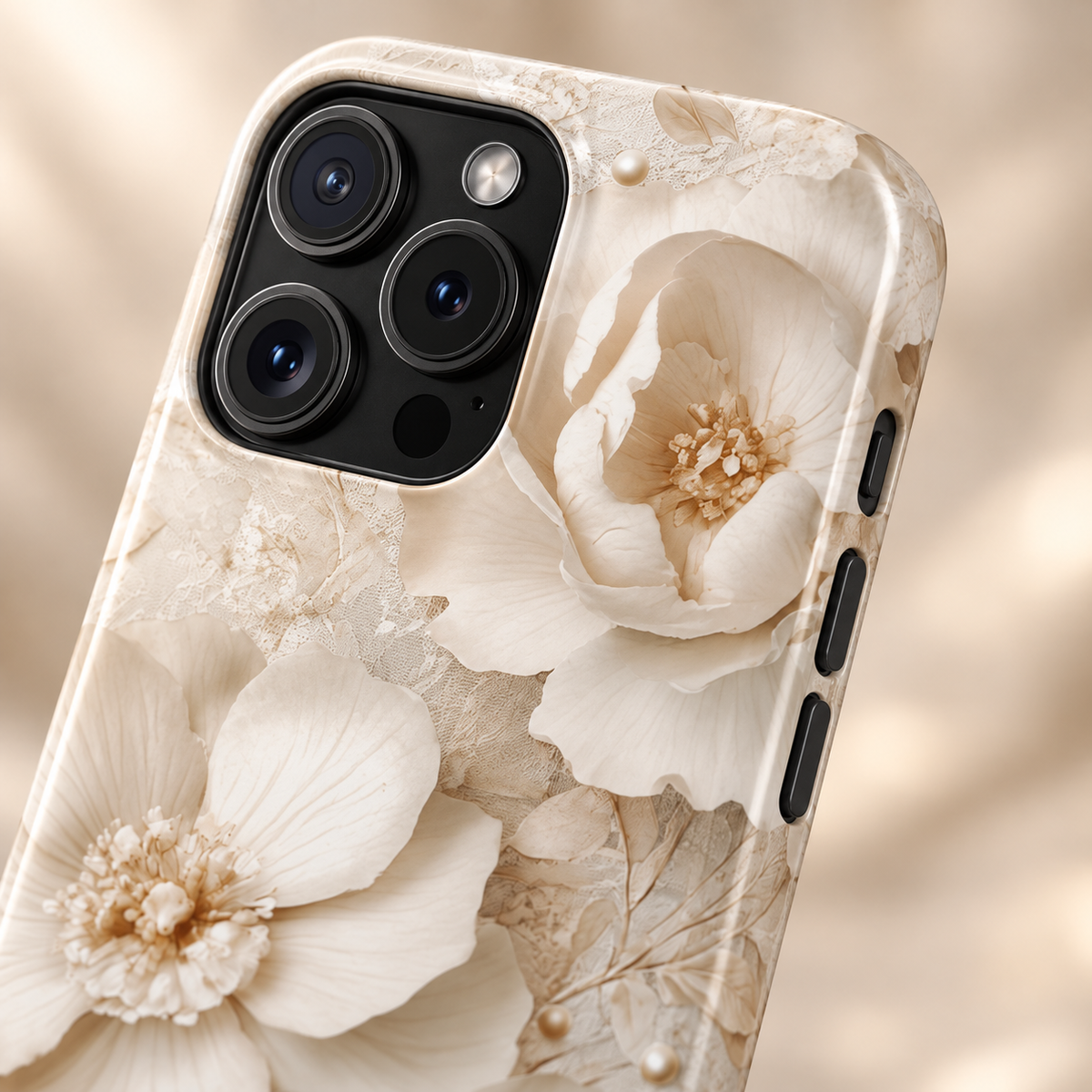 Ivory Blossom phone case with card holder, ivory blossoms with pearl centers, lifestyle close-up of the camera