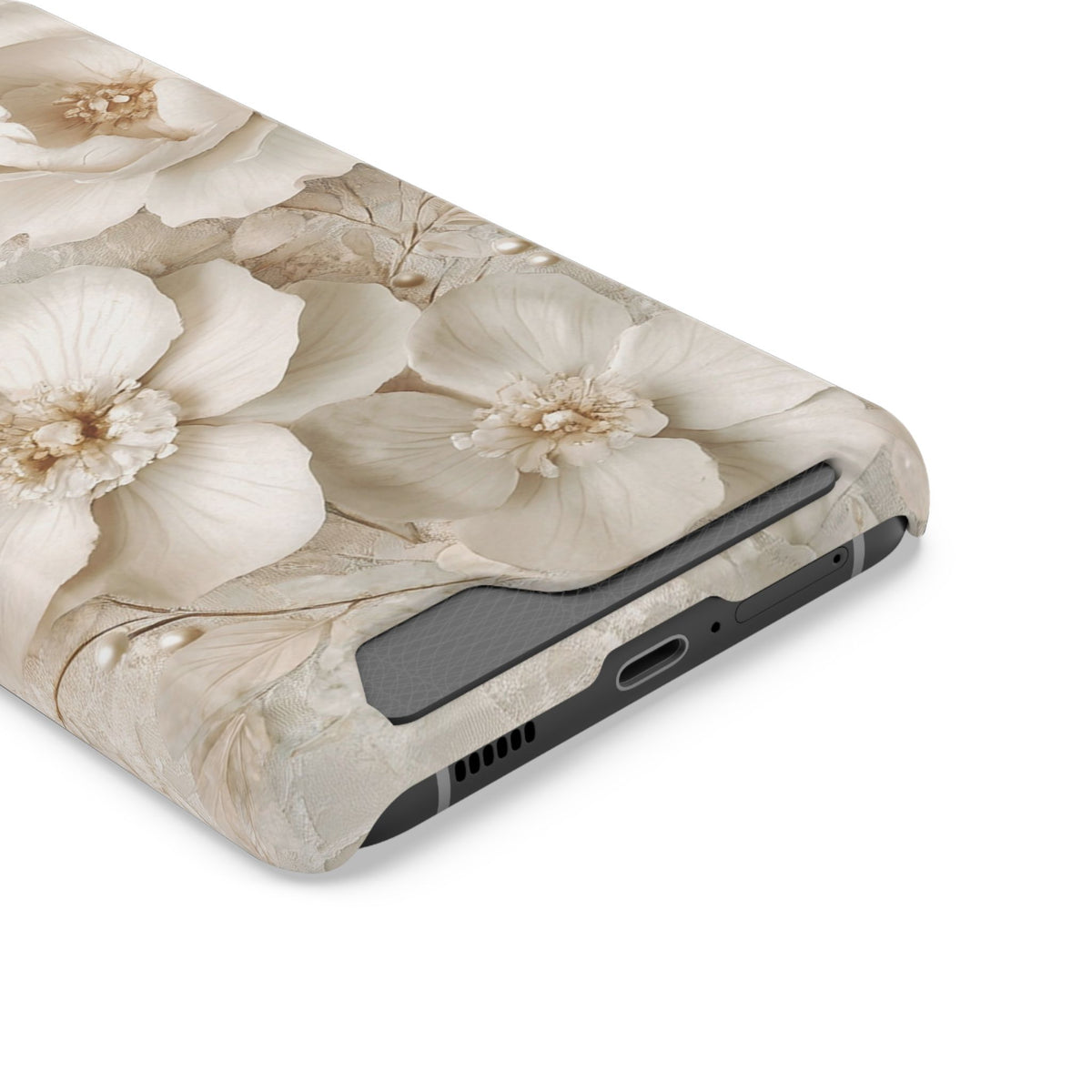 Ivory Blossom phone case with card holder, close-up of the card slot