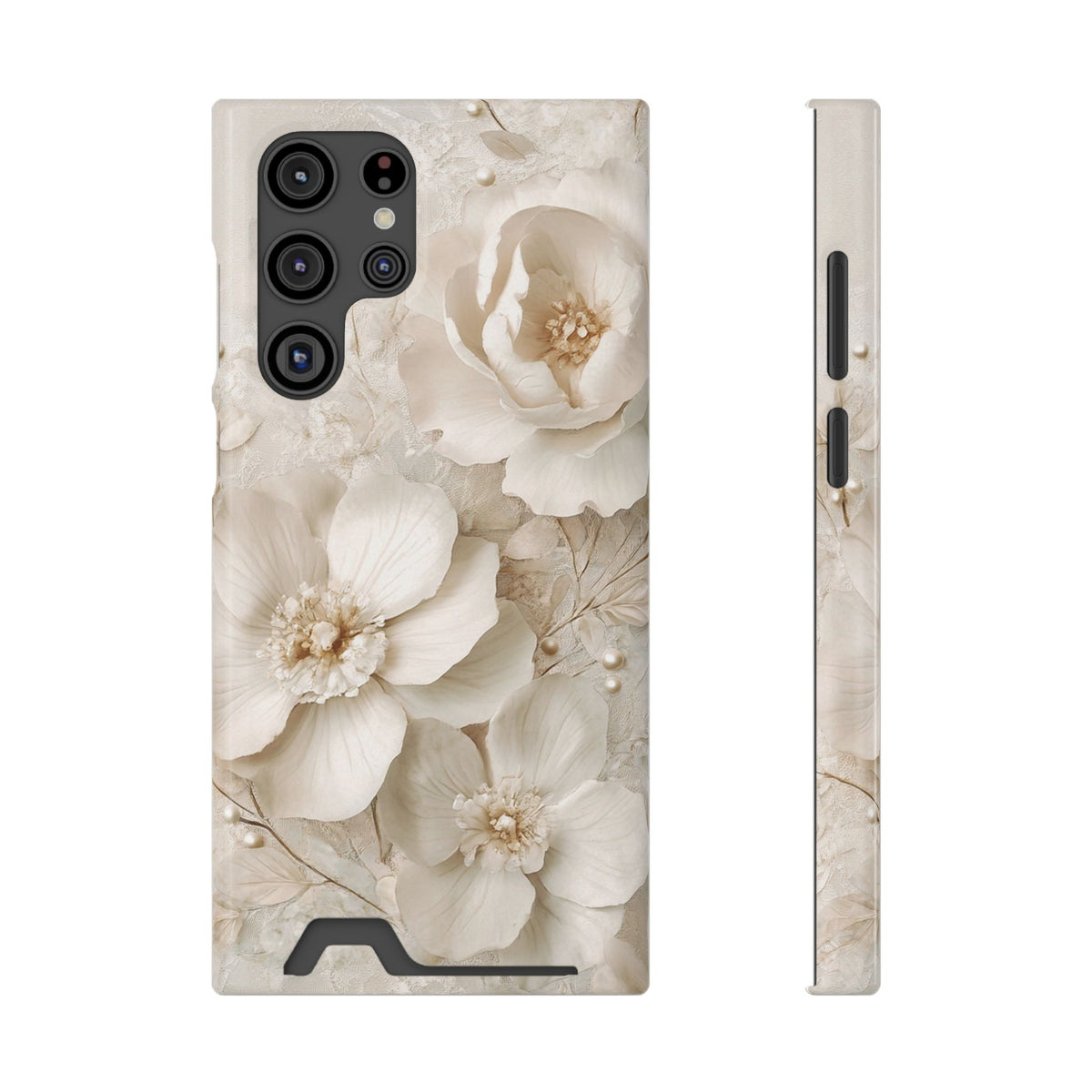 Ivory Blossom phone case with card holder for Samsung Galaxy S22 Ultra, glossy finish