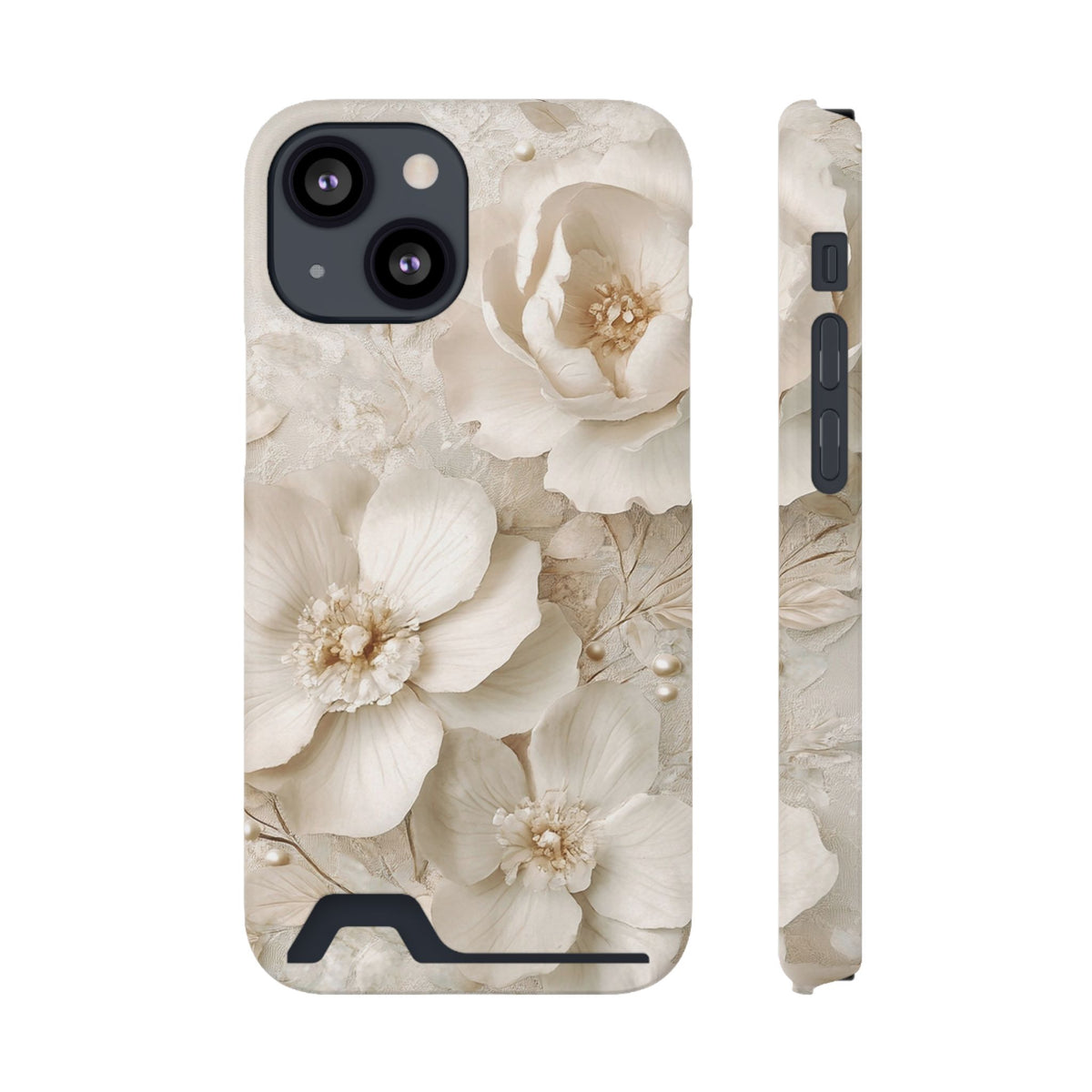 Ivory Blossom phone case with card holder for iPhone 13 Mini, glossy finish