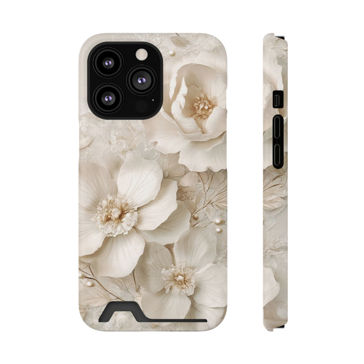 Ivory Blossom phone case with card holder for iPhone 13 Pro, glossy finish