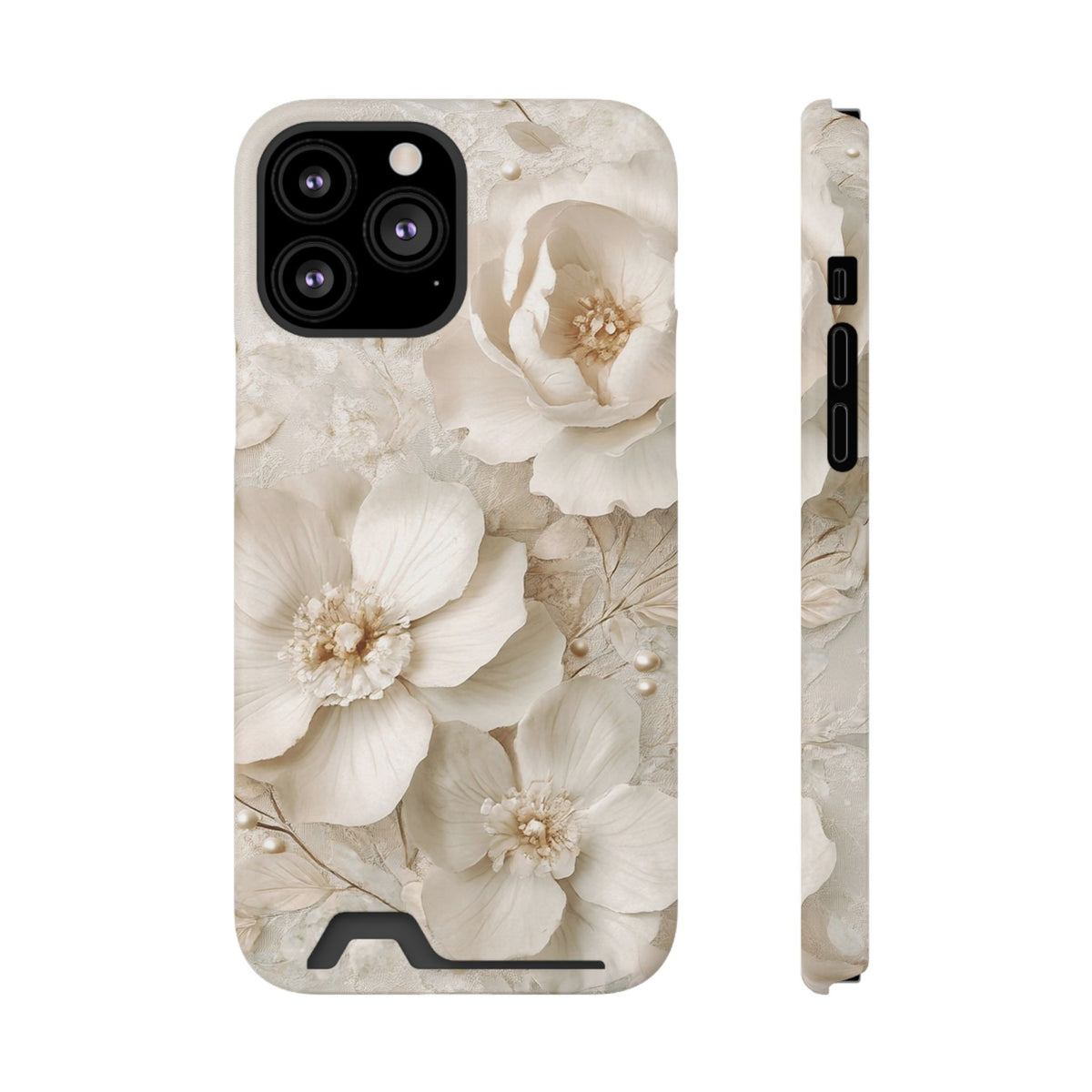 Ivory Blossom phone case with card holder for iPhone 13 Pro Max, glossy finish