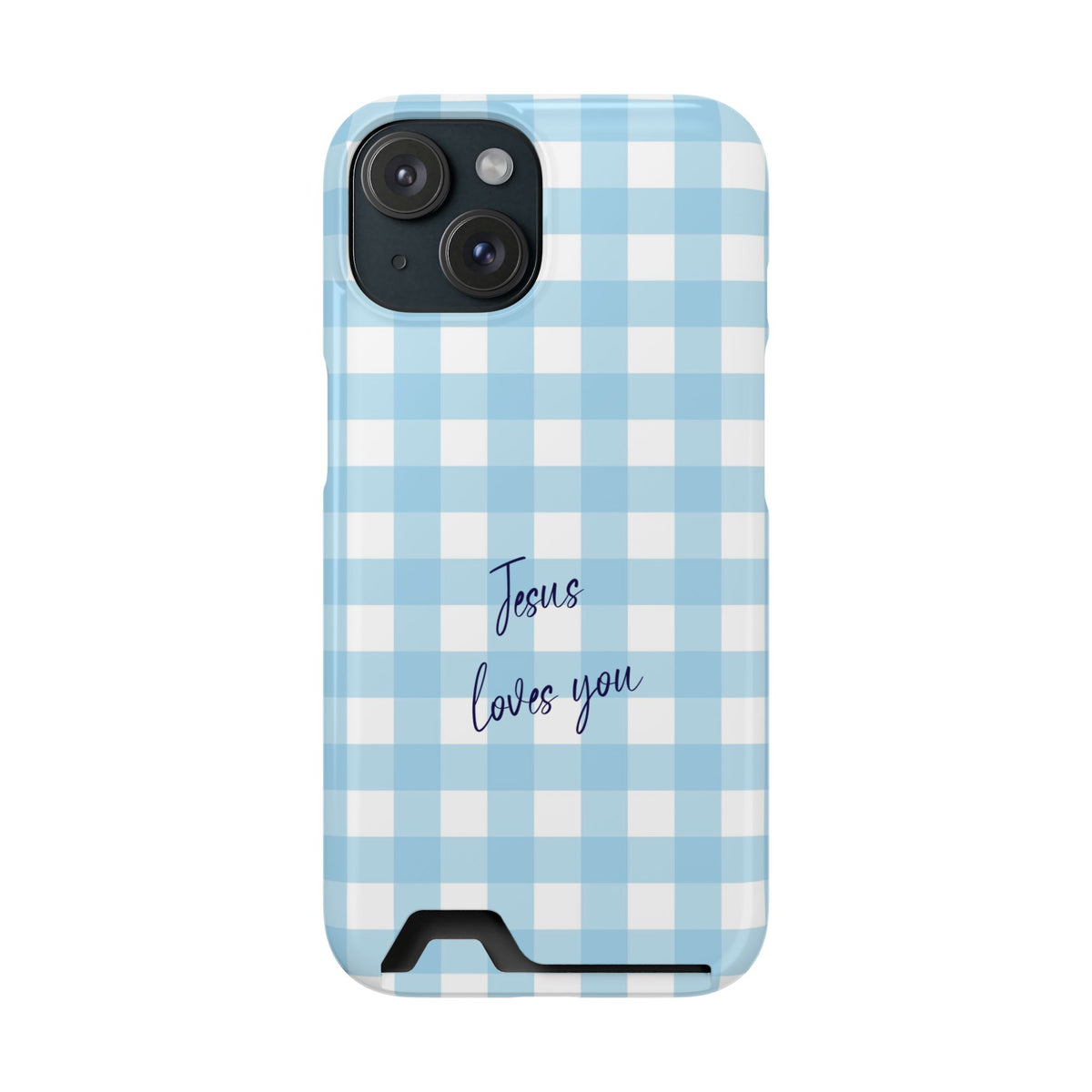 Jesus Loves You phone case with card holder for iPhone 15, glossy finish
