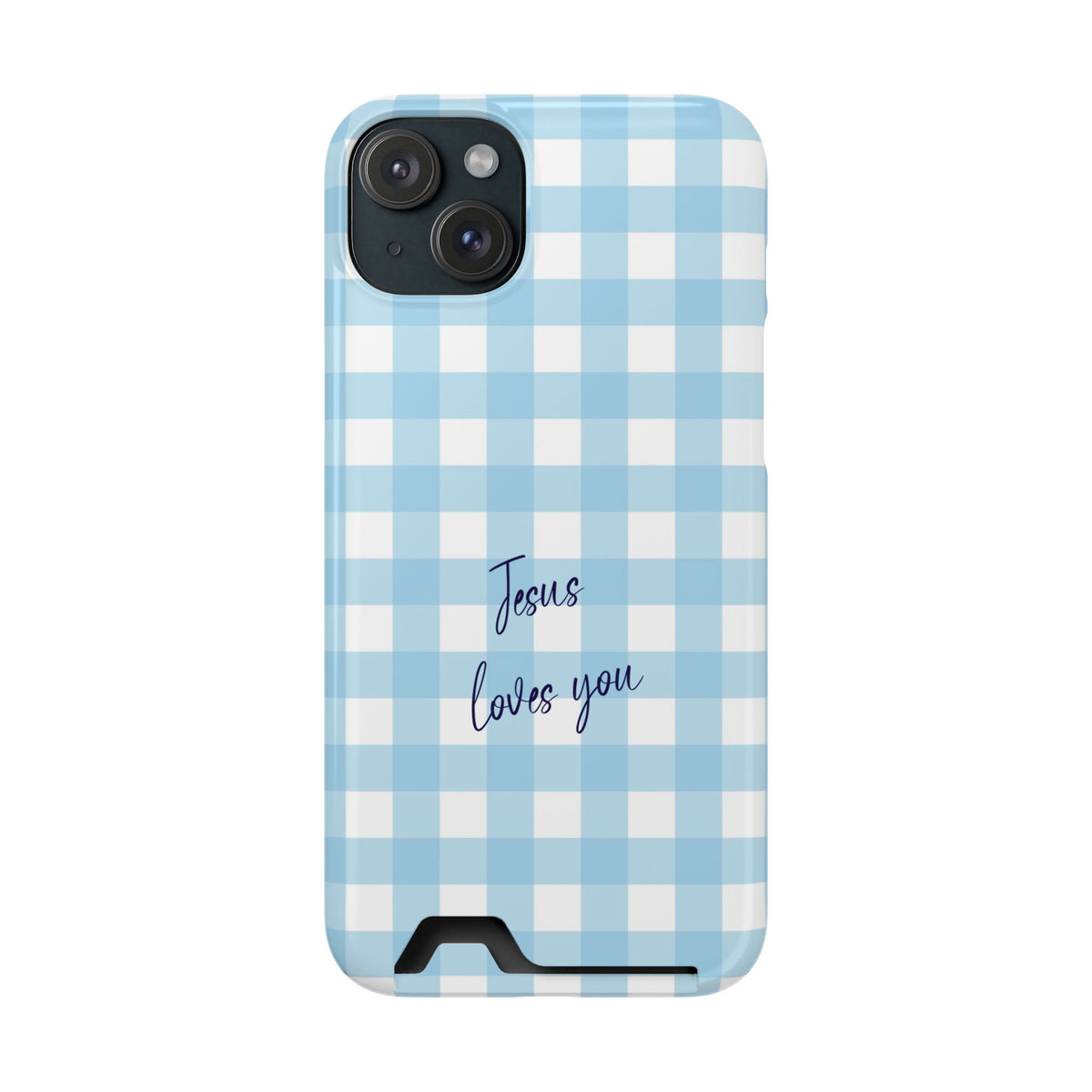 Jesus Loves You phone case with card holder for iPhone 15 Plus, glossy finish